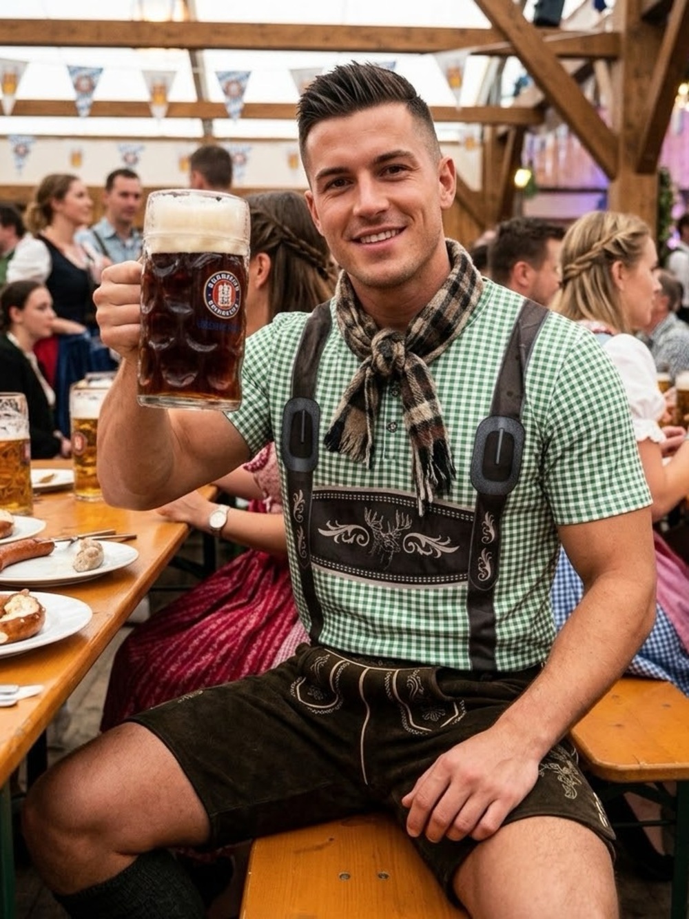 Oktoberfest Lederhosen T-Shirt Mens L Green Gingham Bavarian Beer Fest